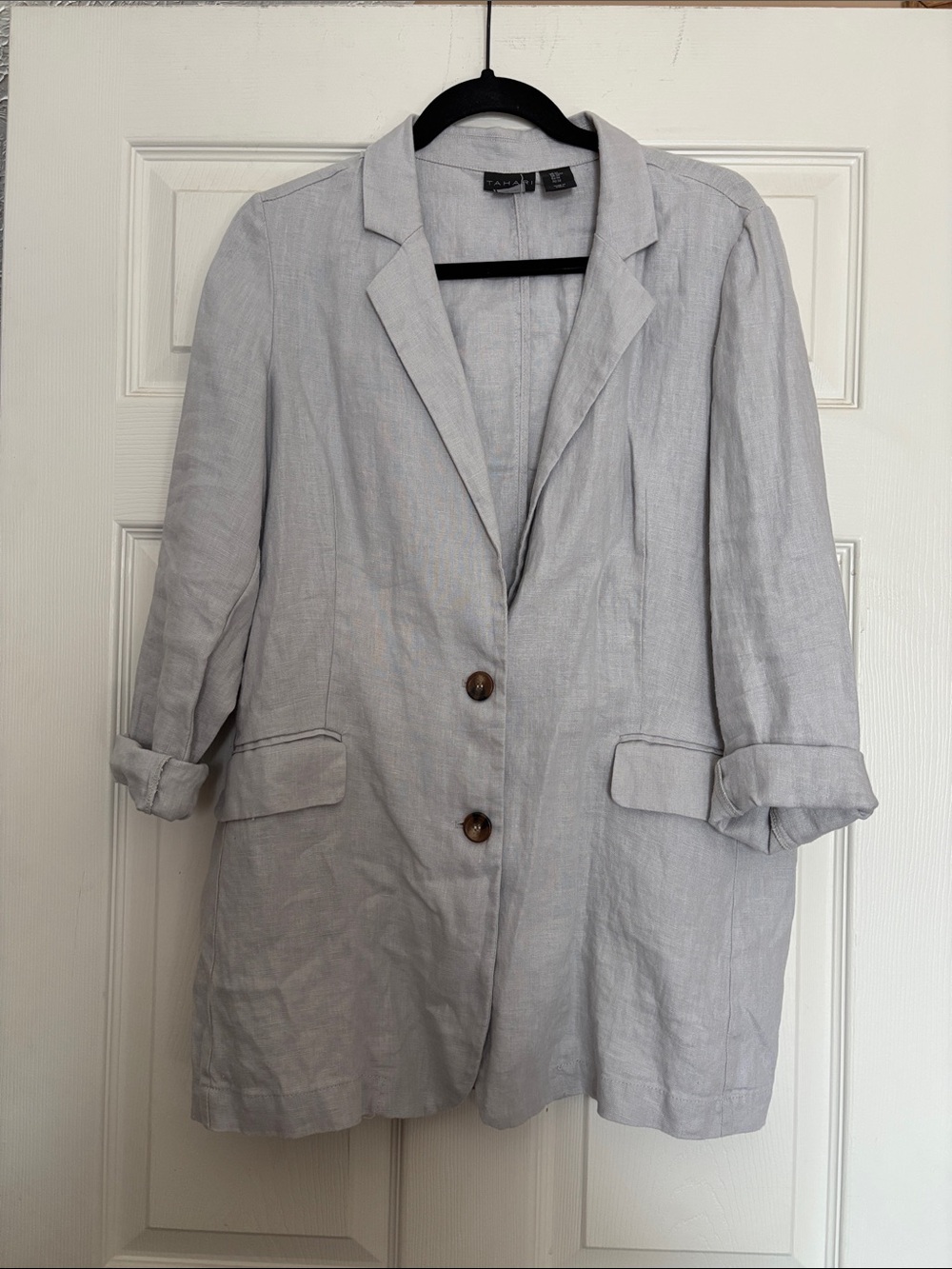 Tahari Light Gray Linen Blazer with Rolled Sleeves